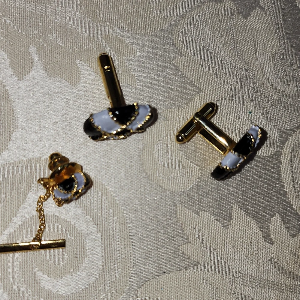 DANTE Rare Vintage Black & White Harlequin Enamel Cufflinks & Tie Tack Set